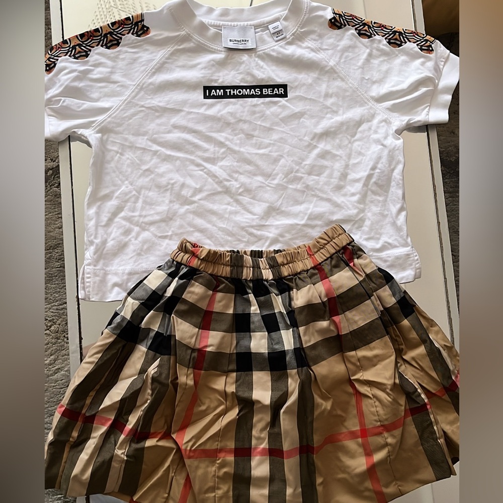 Burberry White Tee and Checkered Skirt Set